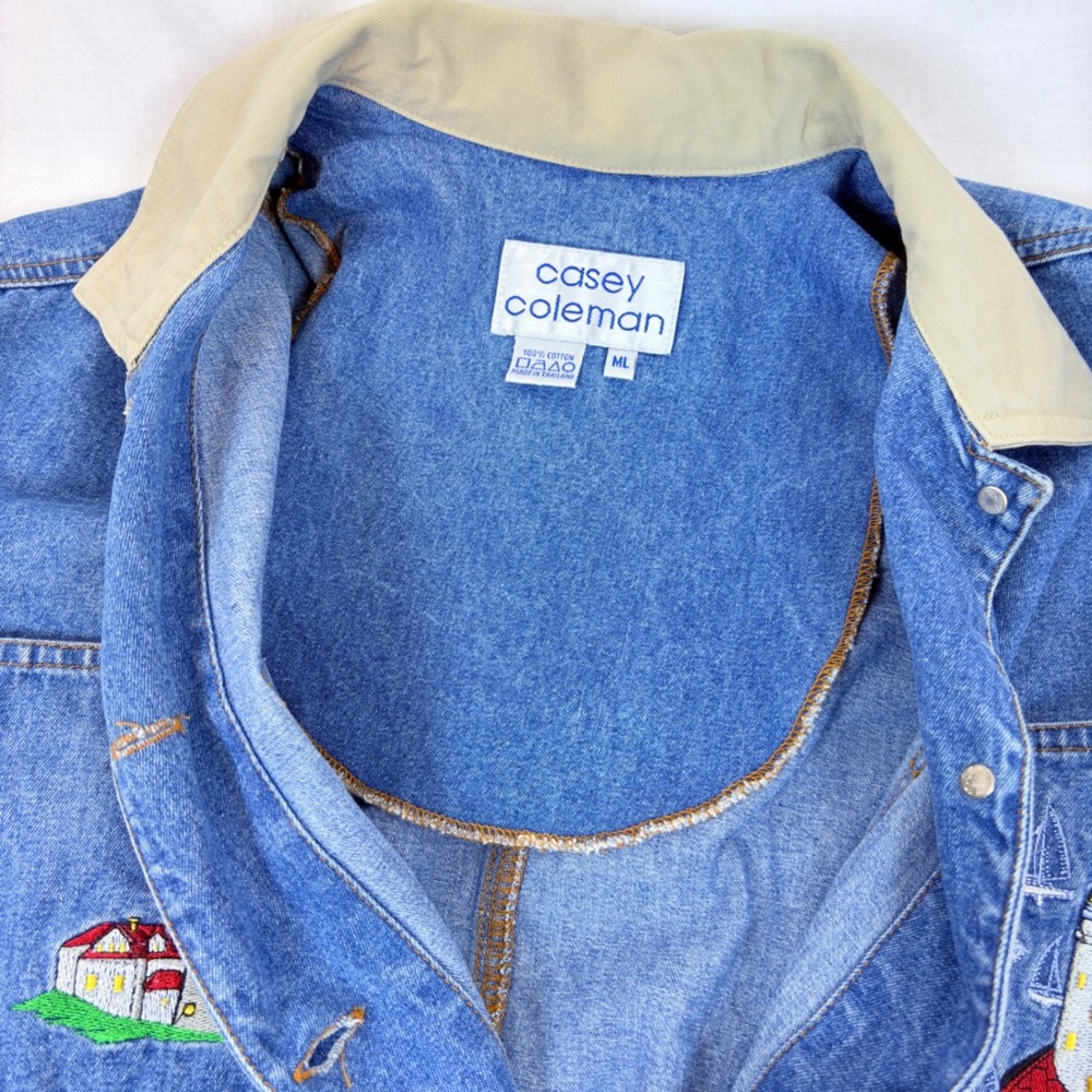 Vtg Casey Coleman Lighthouse Embroidered Denim Chore Field Barn Jacket M/L - Picture 4 of 12